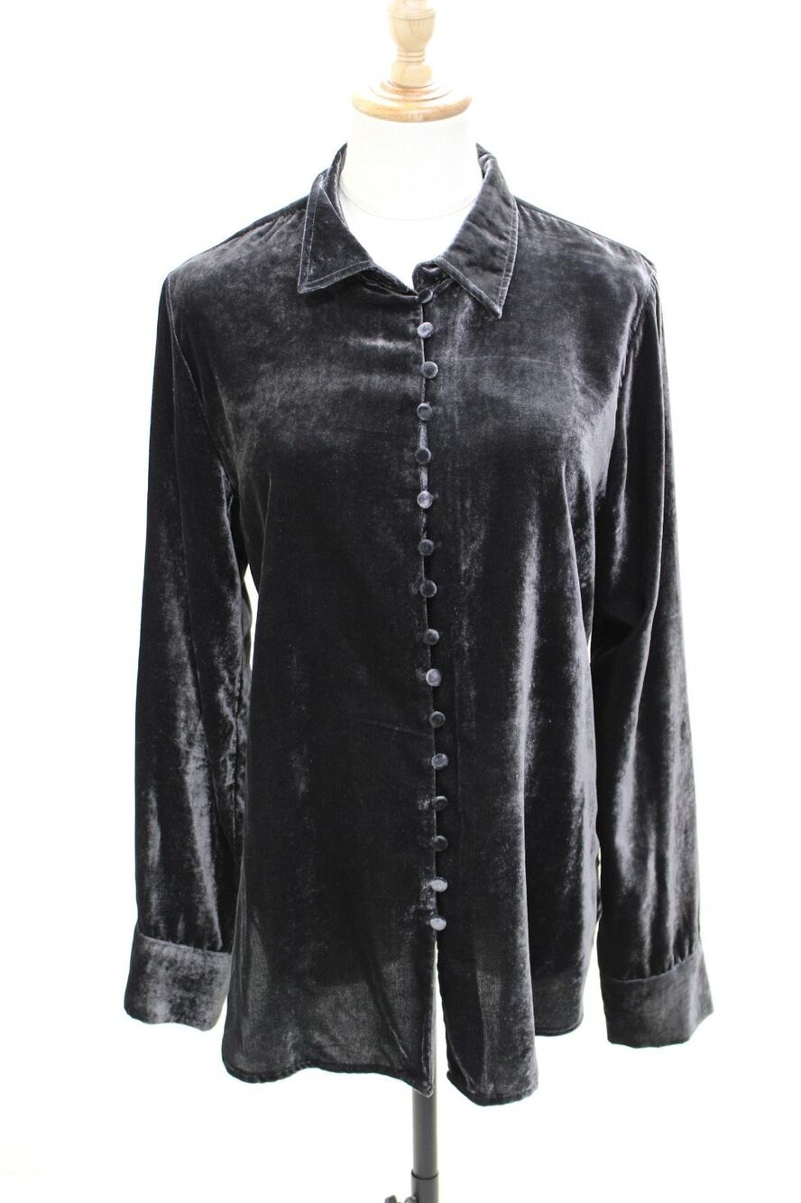 J. Crew Dark Gray Blouse Women's 8 Slim Velvet Button Up Long Sleeve Tunic